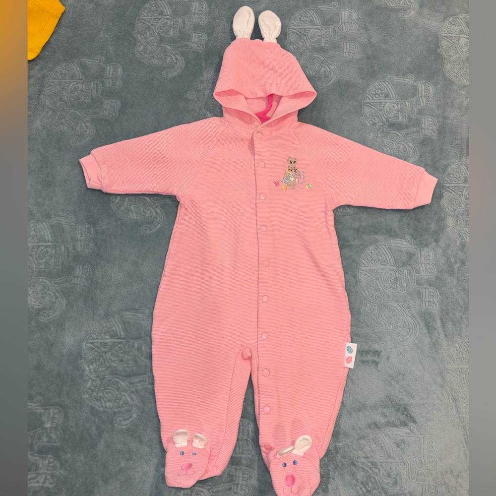VTG Pink Bunny Jumpsuit W/ Ears and Tail Easter Kids Size 3-6 months